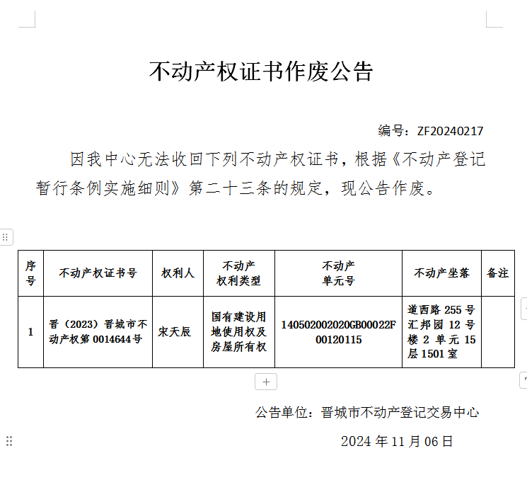 不动产权证书作废公告（八百三十）20240217(图1)