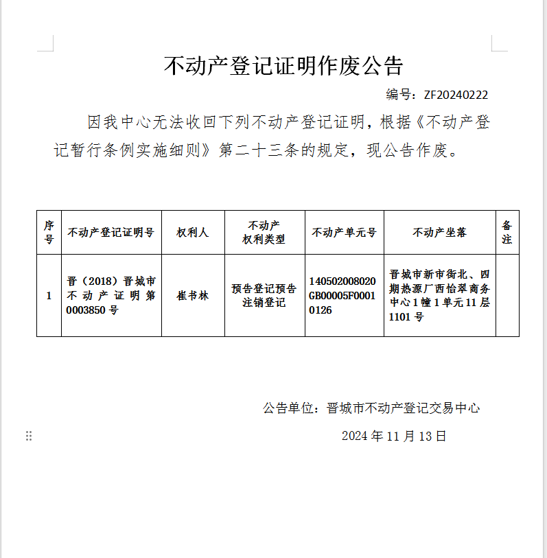 不动产权证书作废公告（八百三十四）20240222(图1)