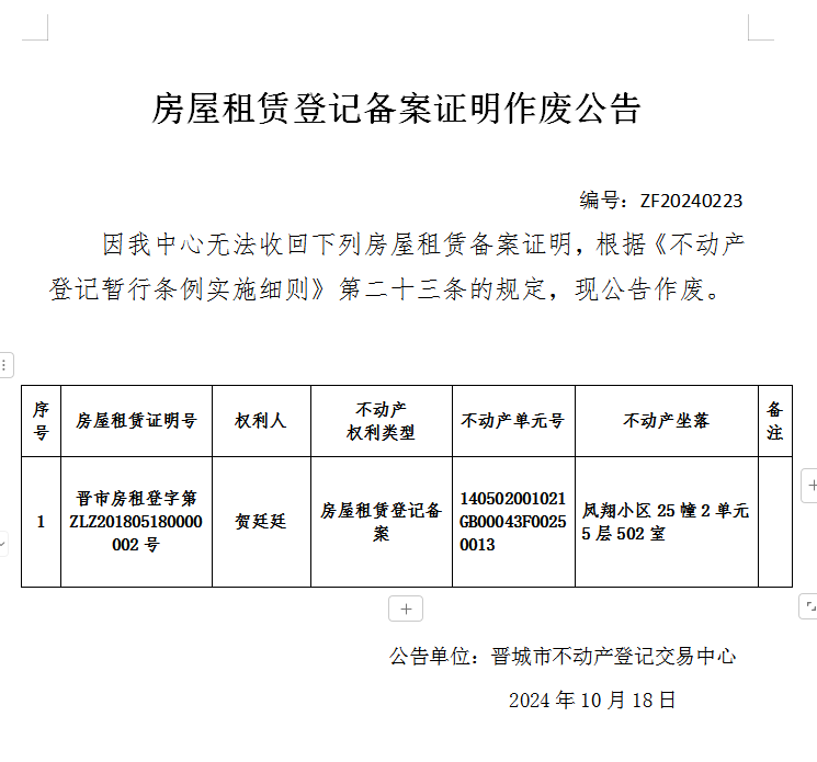 房屋租赁登记备案证明作废公告（八百三十六）20240223(图1)