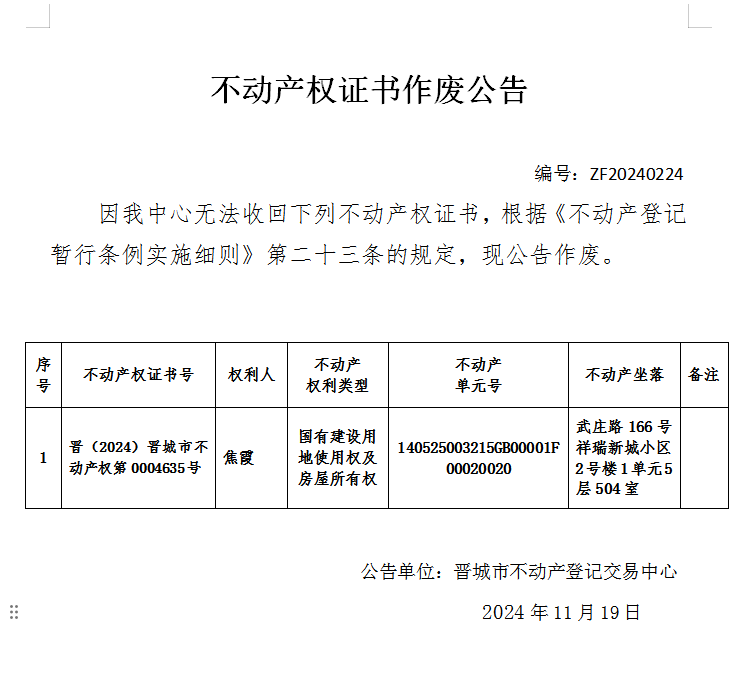 不动产权证书作废公告（八百三十七）20240224(图1)