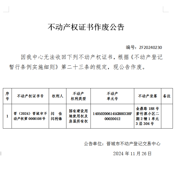不动产权证书作废公告（八百四十二）20240230(图1)