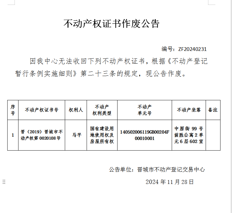 不动产权证书作废公告（八百四十三）20240231(图1)
