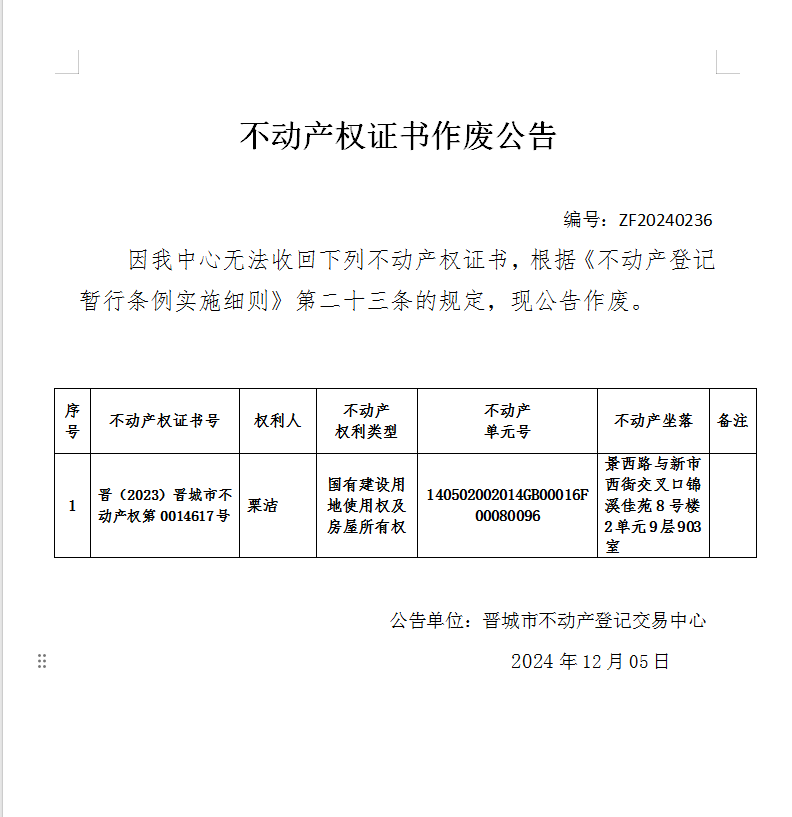 不动产权证书作废公告（八百四十九）20240236(图1)