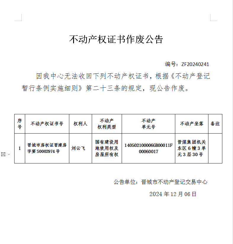 不动产权证书作废公告（八百五十四）20240241(图1)