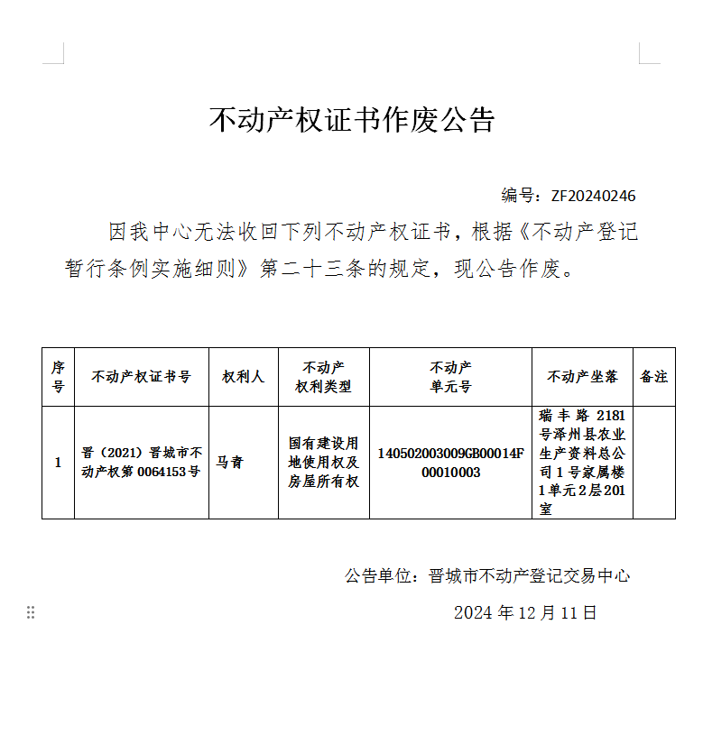 不动产权证书作废公告（八百五十九）20240246(图1)