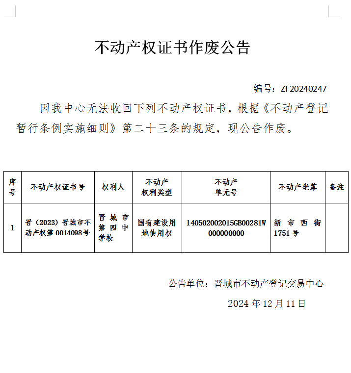 不动产权证书作废公告（八百六十）20240247(图1)