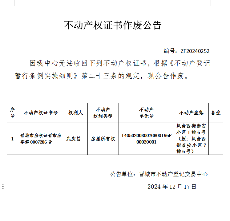 不动产权证书作废公告（八百六十五） 20240252(图1)