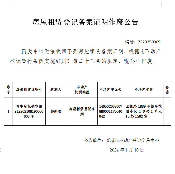 房屋租赁登记备案证明作废公告（八百八十九） 20250009(图1)