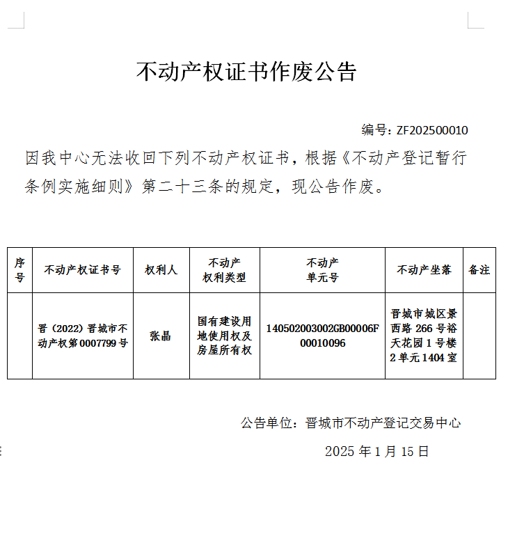 不动产权证书作废公告（八百九十）20250010(图1)