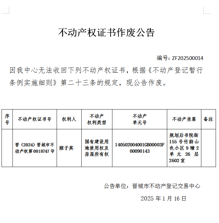 不动产权证书作废公告（八百九十四）20250014(图1)