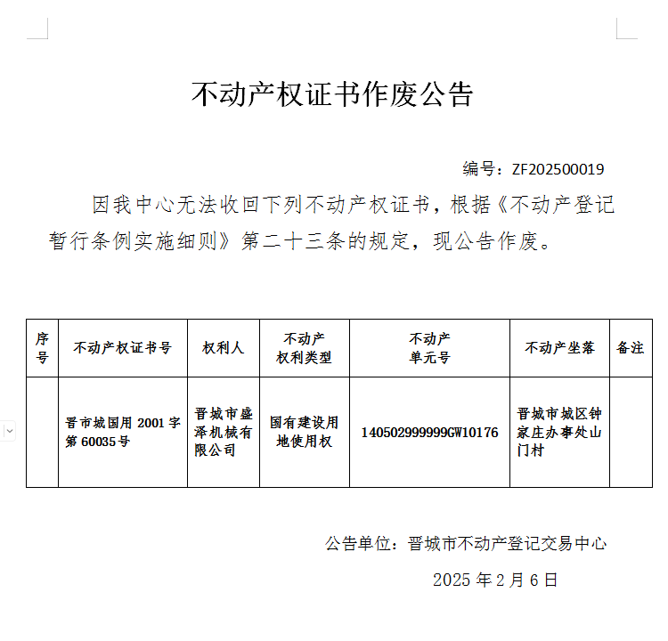 不动产权证书作废公告（八百九十九）20250019(图1)