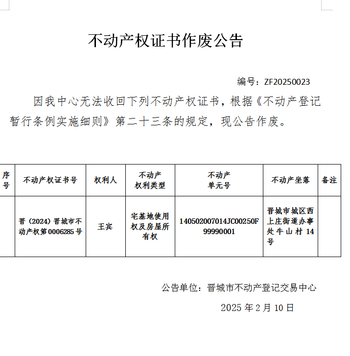 不动产权证书作废公告（九百零三）20250023(图1)