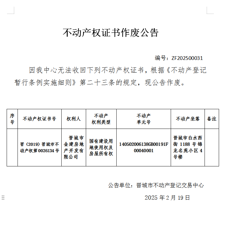 不动产权证书作废公告（九百一十一）20250031(图1)