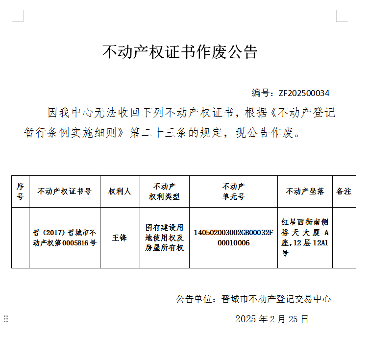 不动产权证书作废公告（九百一十四）20250034(图1)