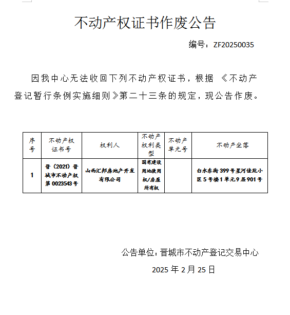 不动产权证书作废公告（九百一十五）20250035(图1)