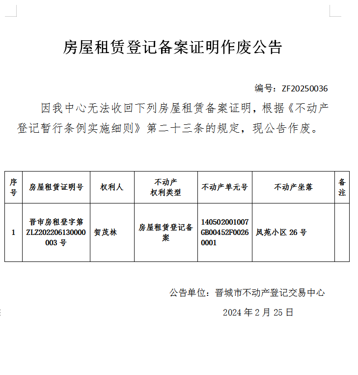 房屋租赁登记备案证明作废公告（九百一十六） 20250036(图1)