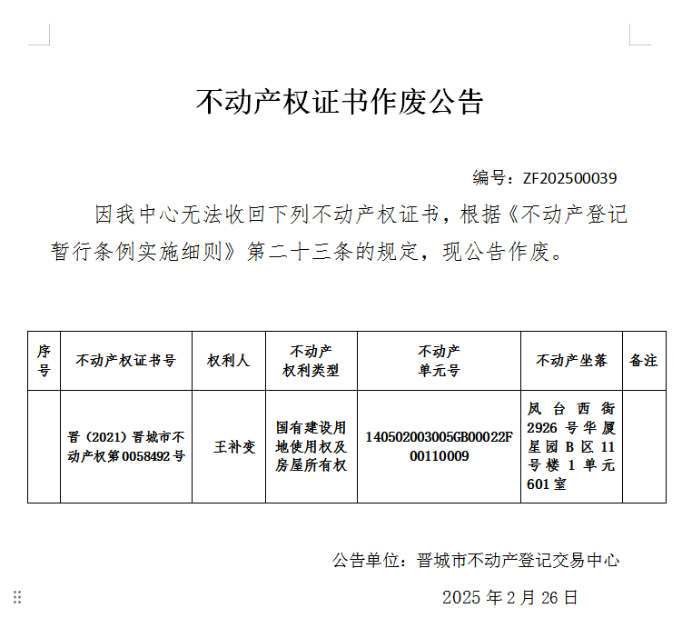 不动产权证书作废公告（九百一十九）20250039(图1)