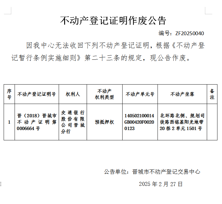 不动产登记证明作废公告（九百二十）20250040(图1)