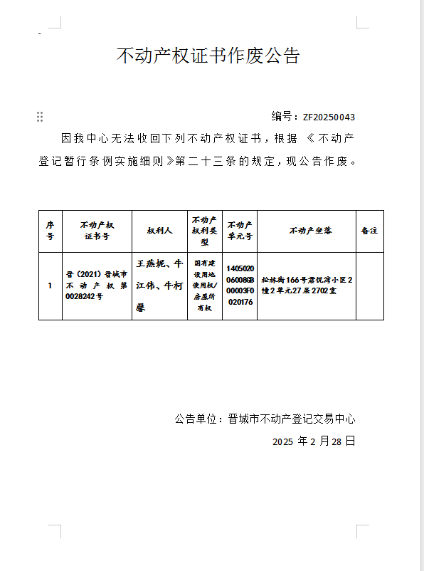 不动产权证书作废公告（九百二十三）20250043(图1)