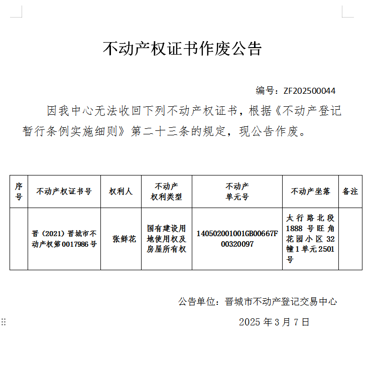 不动产权证书作废公告（九百二十四）20250044(图1)