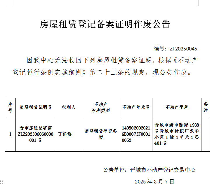 房屋租赁证明作废公告（九百二十五）20250045(图1)