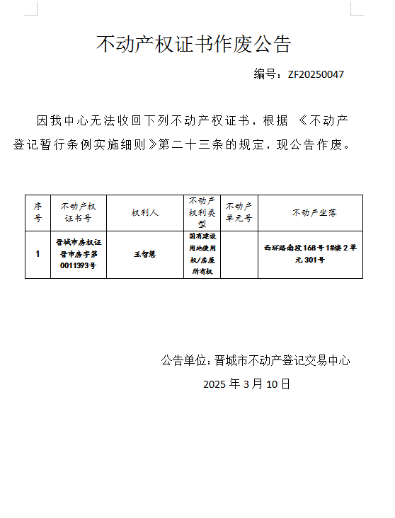 不动产权证书作废公告（九百二十七）20250047(图1)