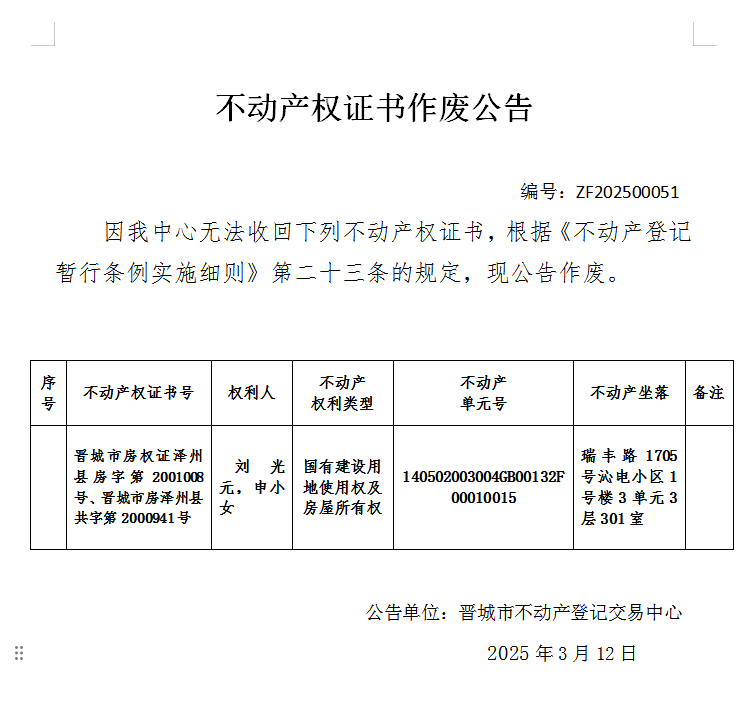 不动产权证书作废公告（九百三十一）20250051(图1)