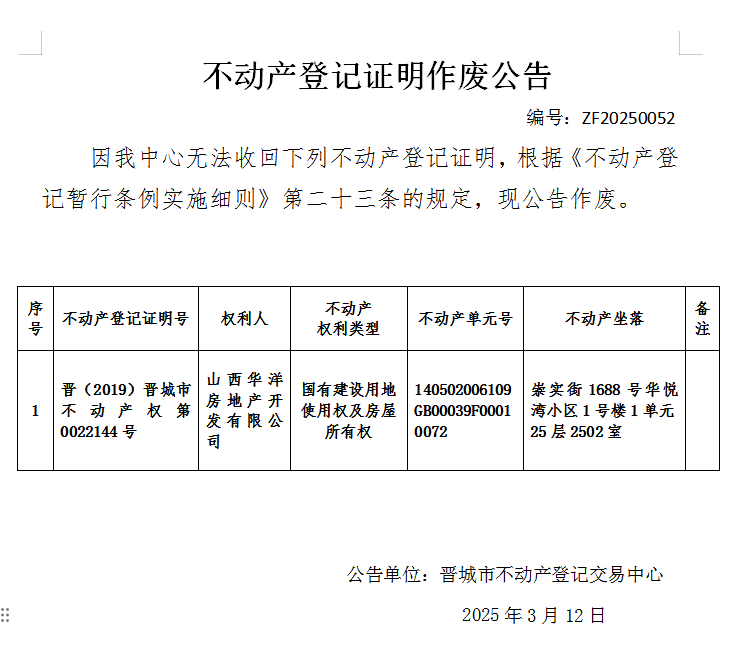 不动产首次登记权属证明作废公告（九百三十二）20250052(图1)