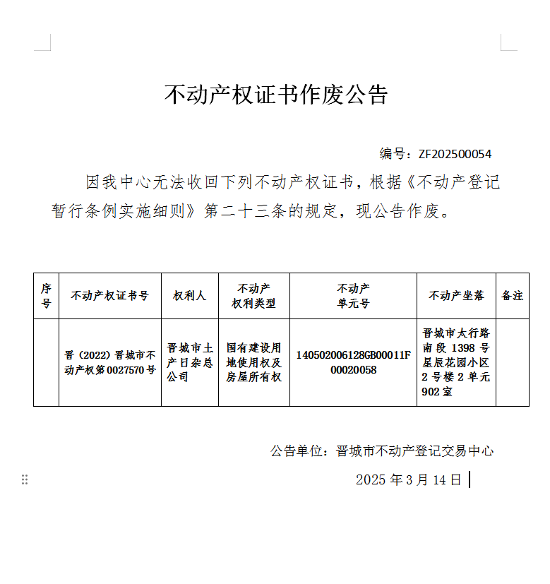 不动产权证书作废公告（九百三十四）20240054(图1)
