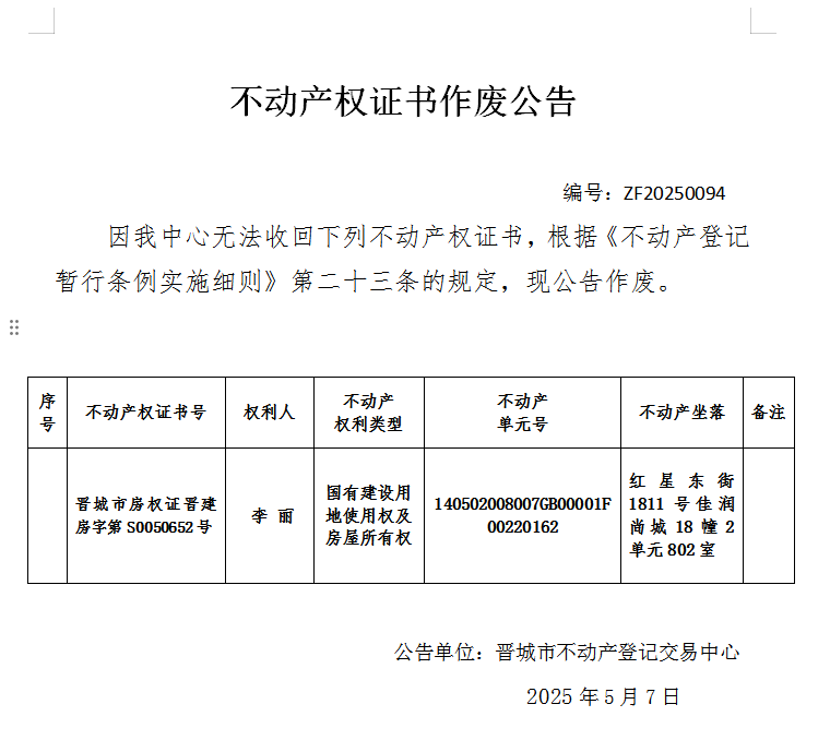 不动产权证书作废公告（九百七十四）ZF20250094(图1)