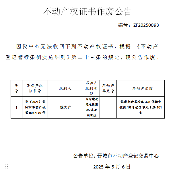 不动产权证书作废公告（九百七十三）20250093(图1)