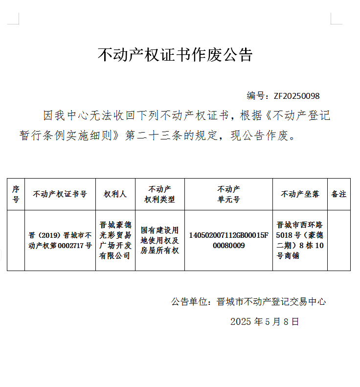 不动产权证书作废公告（九百七十八）ZF20250098(图1)