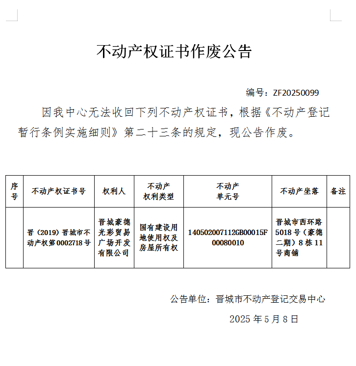 不动产权证书作废公告（九百七十九）ZF20250099(图1)