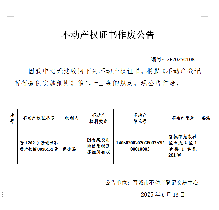 不动产权证书作废公告（九百八十八）ZF20250108(图1)