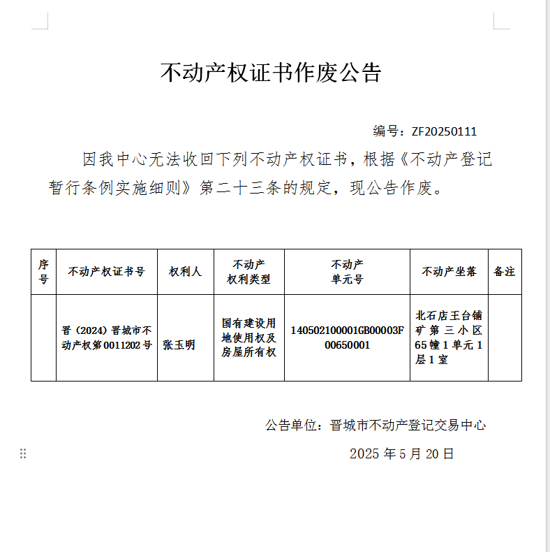 不动产权证书作废公告（九百九十一）ZF20250111(图1)