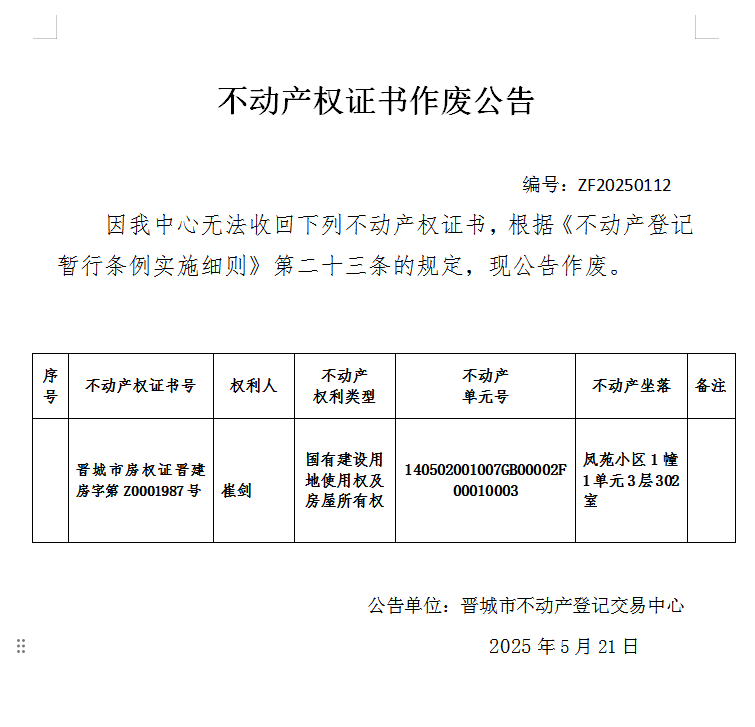 不动产权证书作废公告（九百九十二）ZF20250112(图1)