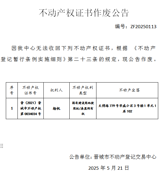 不动产权证书作废公告（九百九十三）ZF20250113(图1)