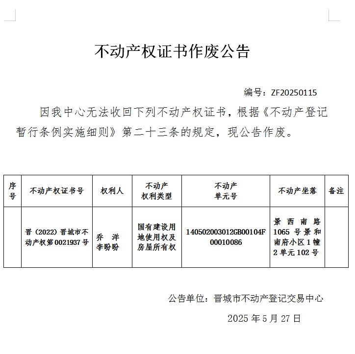 不动产权证书作废公告（九百九十五）ZF20250115(图1)