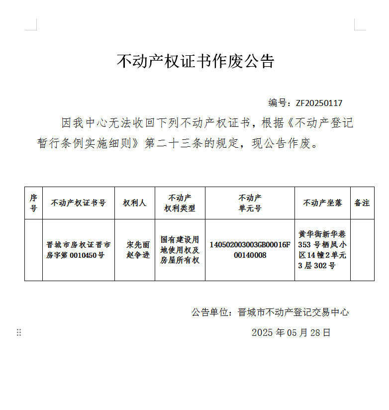 不动产权证书作废公告（九百九十七）ZF20250117(图1)