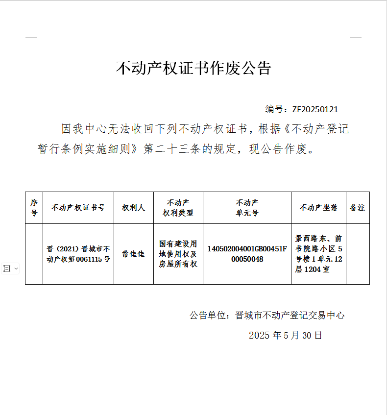 不动产权证书作废公告（一千零一）ZF20250121(图1)