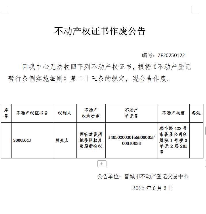 不动产权证书作废公告（一千零二）ZF20250122(图1)