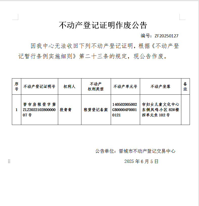 不动产权证明作废公告（一千零七）ZF20250127(图1)