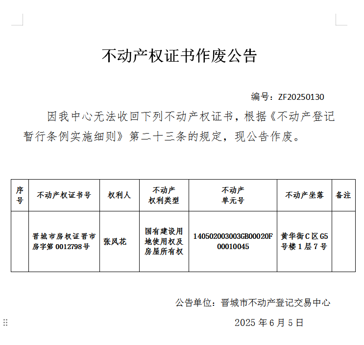 不动产权证书作废公告（一千零一十）ZF20250130(图1)