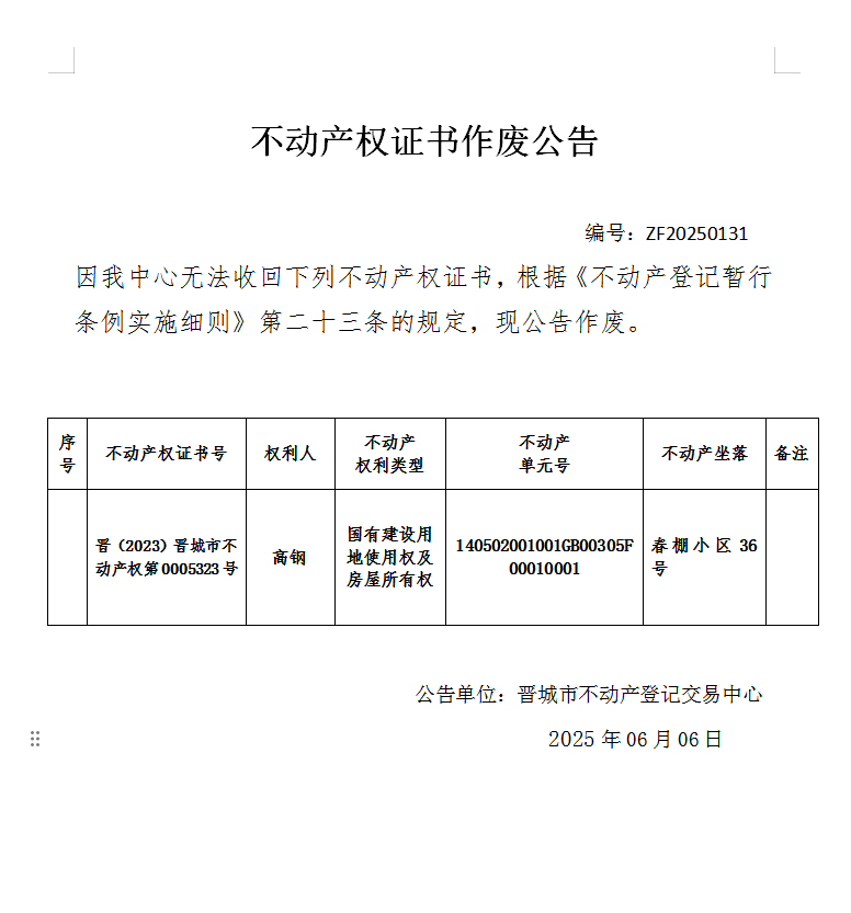 不动产权证书作废公告（一千零一十一）ZF20250131(图1)