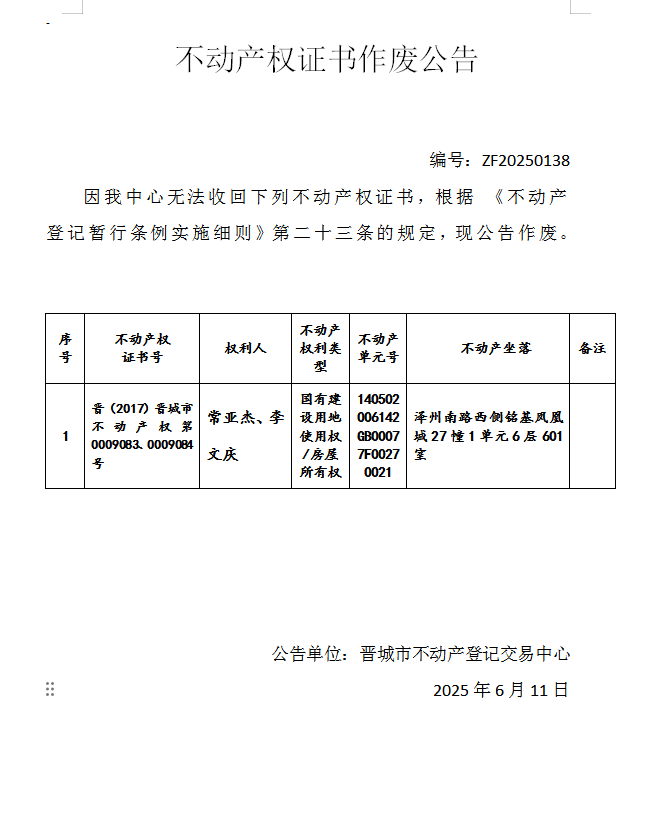 不动产权证书作废公告（一千零一十八）20250138(图1)
