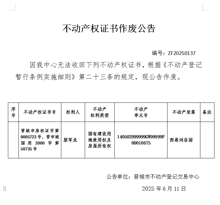不动产权证书作废公告（一千零一十七）ZF20250137(图1)