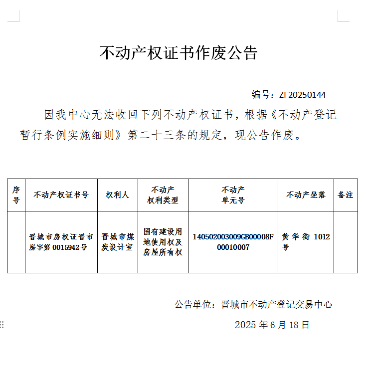 不动产权证书作废公告（一千零二十四）20250144(图1)
