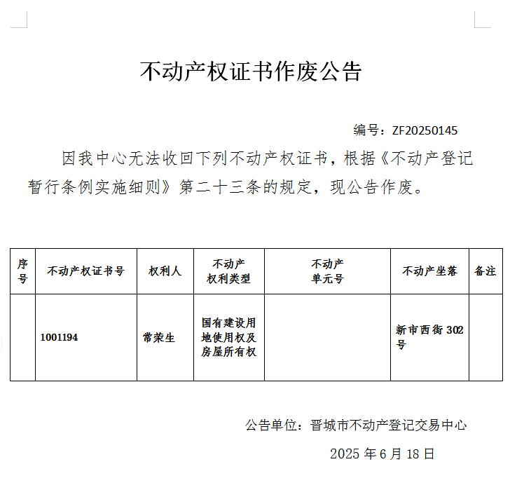 不动产权证书作废公告（一千零二十五）20250145(图1)