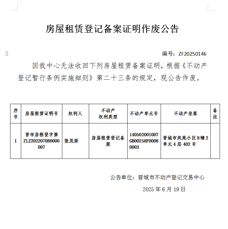 不动产权证明作废公告（一千零二十六）20250146(图1)