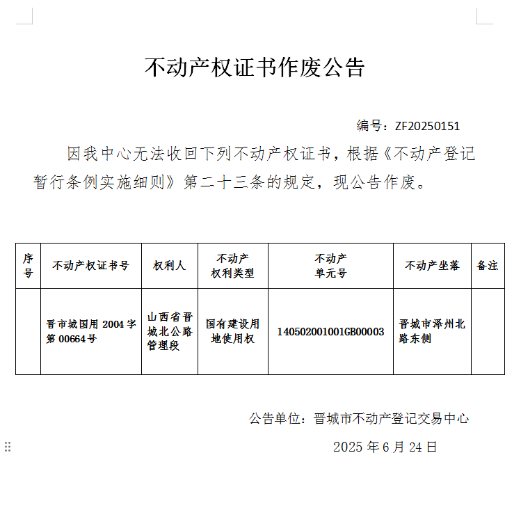 不动产权证书作废公告（一千零三十一）20250151(图1)